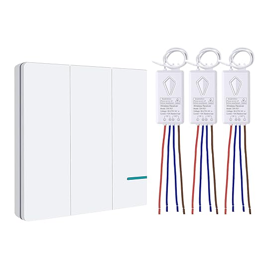 Wireless Light Switch, Thinkbee 3 Gang Remote Wall Switch with Mini Receiver Push Button Transmitter, Outdoor 1900ft Indoor 160ft, for House Office Hotel Factory Ceiling Lamp LED, IP66 Waterproof