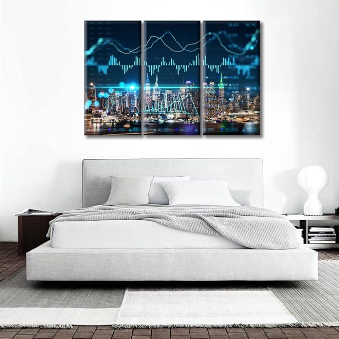TUMOVO New York City Skyline Background Forex Graph Hologram Canvas Paintings Wall Art for Living Room 3 Piece Artwork Wall Decor Living Room Print on Canvas Framed Ready to Hang (60" Wx40 H)