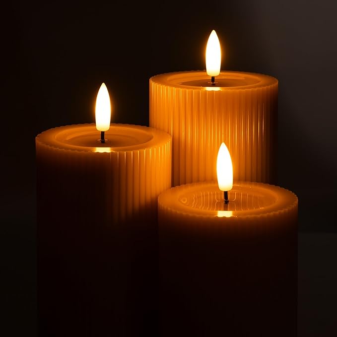 WYZworks Fluted Ribbed LED Pillar Candles, Blush Beige, with Realistic Reflective Melted-Wax Effect – Flickering Flame, Remote, Dimmable, Flameless, Battery Operated, Home & Wedding Decor (Set of 3)
