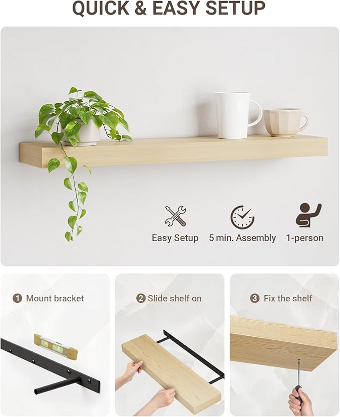 White Oak Floating Shelf for Wall, 2 Inch Thick Sturdy Wood Floating Shelves Wall Mounted, 48" Long Shelves for Kitchen Bedroom Living Room,8" Deep Floating Book Shelves, 50LB Capacity