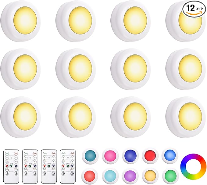 Hbaushun LED Puck Lights 12 Pack,16 Color Changeable Wireless LED Cabinet Lights,Battery Operated Night Light with Dimmer & Timmer for Bedroom,Closet, Kitchen,White