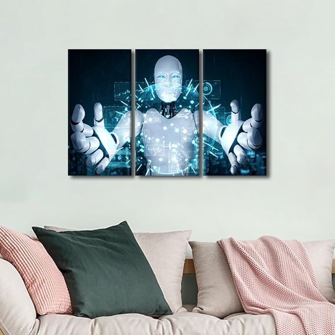TUMOVO Robot Paintings for Wall Decorations AI Intelligence Canvas Prints AI Wall Art Giclee Artwork 3 Panels Canvas Wall Art Room Wall Decor Stretched and Framed Ready to Hang, 36" Wx24 H