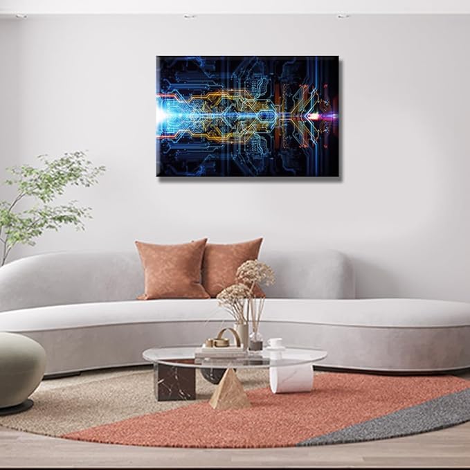 1 Piece Abstract Technological Background Wall Painting CPU Concept Wall Decorations for Living Room Pictures Print on Canvas Circuit Board Framed Artwork for Home Wall Bedroom Decorations 16X24 INCH