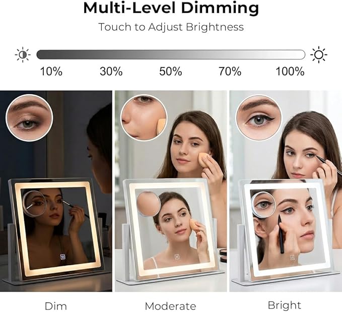Vanity Mirror with Lights, 12" x 16" Lighted Makeup Mirror with Smart Touch Control, LED Makeup Mirror with 3 Color Lighting Modes, 10X Magnification, 360° Rotation for Tabletop - White