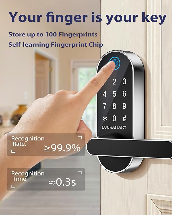 Keyless Entry Door Lock, Fingerprint Door Lock with Handle, Smart Locks for Front Door and Bedroom, WiFi Electronic Locks, App Remote Control, Digital Keypad with Knob, Auto-Lock
