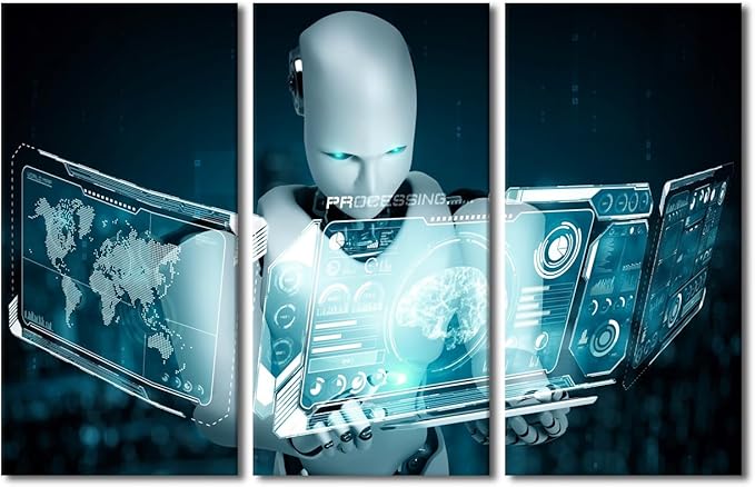 TUMOVO 3 Pieces Canvas Wall Art - Big Data Analysis Pictures for Living Room AI Intelligence Artwork Giclee for Home Decor Robot Painting Gallery-wrapped Framed Ready to Hang, 42" Wx28 H