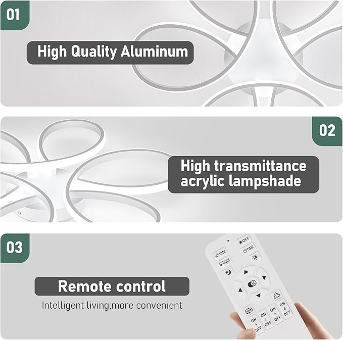 26inch Modern LED Ceiling Light, 6 Rings Flower Flush Mount Light Fixture with Remote Control White Dimmable Ceiling Lamp for Living Room, Bedroom, Dining Room, Hallway, Kitchen