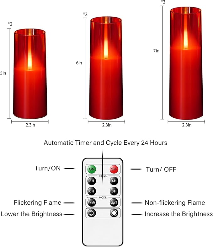 Flameless LED Candles Upgraded Realistic Flickering Flame,7Pcs Battery Operated Candles with Remote Timers,LED Pillar Candles for Home Decor,Christmas,and Parties(Red)