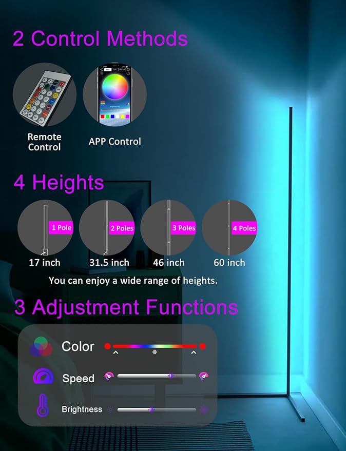 Corner Floor Lamp,60” Smart RGB LED Corner Lamp with App and Remote Control, Color Changing Ambience Light with Music Sync, Easy to Install, Led Floor Lamp for Living Room Bedroom Gaming Room