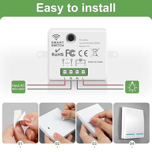 RGBZONE Wireless Remote Light Switch and Receiver Kit, No Wiring, 100ft RF Range, Pre-Programmed, Expandable Wireless On/Off Switches for Ceiling Lights, Lamps (White)