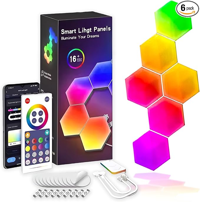 Hexagon LED Lights 6 Pack, Smart RGB Wall Decor with APP/Voice Control, Music Sync, DIY Modular Honeycomb Lights for Gaming Room, Bedroom, Home Theater Wall Decor
