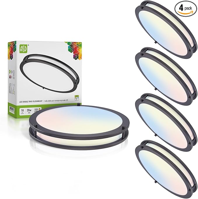 ASD LED 18" Round Flush Mount Lighting, Close to Ceiling Light Fixture | 3CCT, Dimmable, Energy Star, ETL Listed | 28W 2230LM 3000-5000K 120V | Low Profile Double Ring Lamp | Dark Bronze, 4 Pack