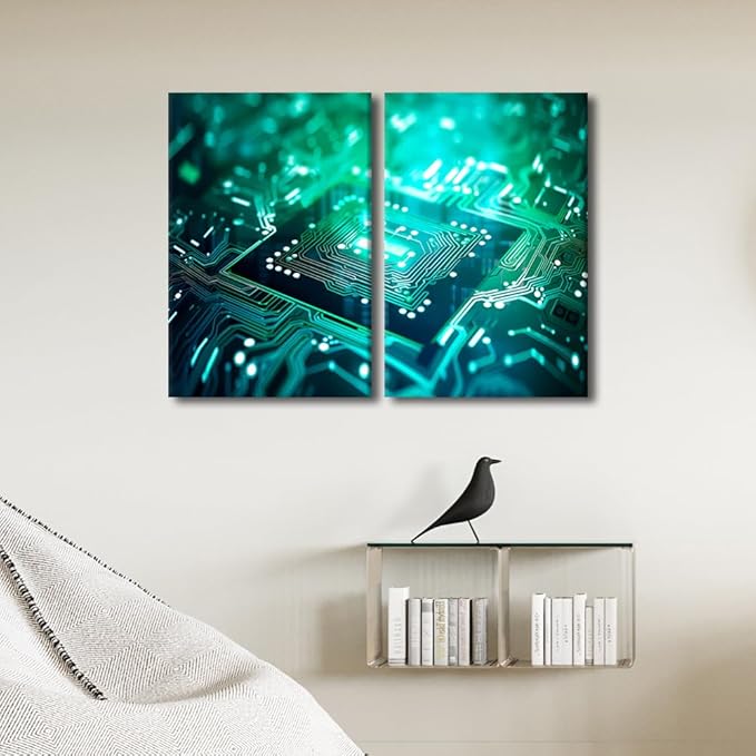 Colorful Semiconductor Chip Wall Art for Living Room Modern Home Decor Circuit Board Canvas Poster Pictures House Decorations Artwork Paitings 3 Pieces Framed Stretched Ready to Hang, 24" Wx16 H
