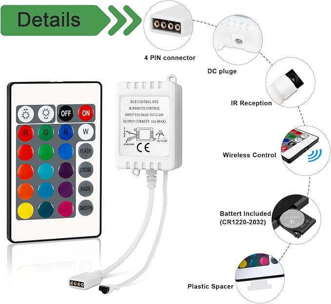 RGBZONE 24 Keys Wireless RGB LED Controller with DC 12V/24V IR Remote Control Box for SMD 5050 3528 2835 RGB LED Strip Lights