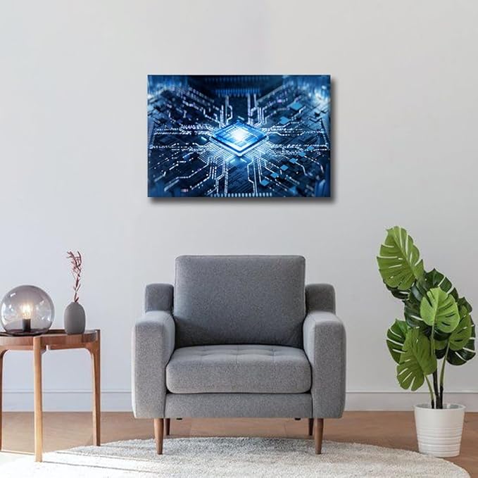 TUMOVO Glowing CPU Canvas Wall Art CPU Concept Wall Art for Living Room Internet Concept Pictures for Bedroom Modern Home Decor Office Bathroom Decorations Artwork Framed Ready to Hang, 18x12in