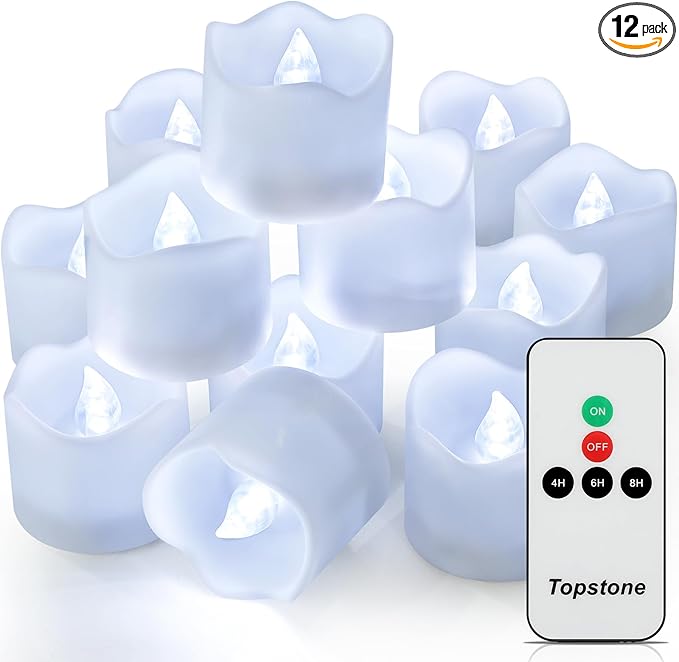 Topstone Flameless Electronic Candle Lights with Remote Control, 400 Hour Battery Life, Cold White LED Realistic Flickering Candles for Home Decor, Wedding, Christmas, Votive, Jar, Centerpiece