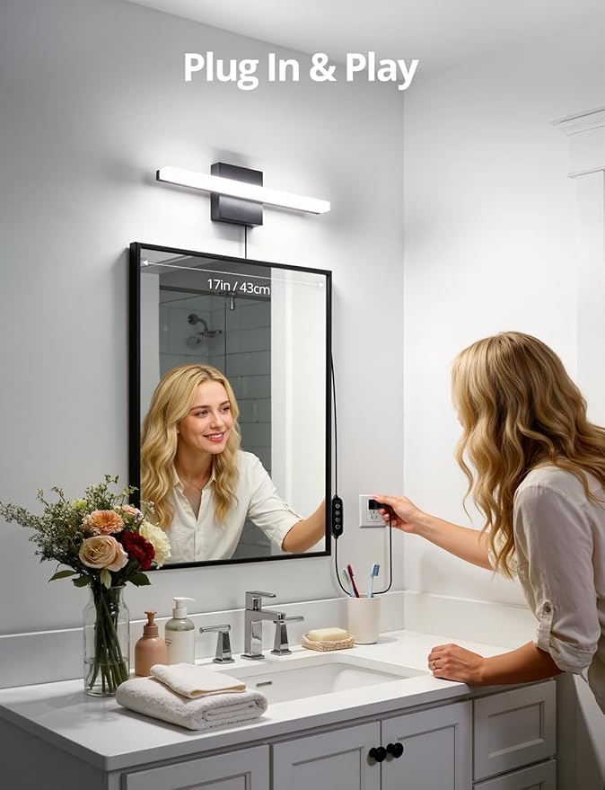 Combuh Black Plug in Vanity Light Bar Corded for Bathroom Lighting Fixture No Wiring, 16Inch 5 Colors Adjustable Dimmable Modern Bright Daylight Mirror Lamp for Wall Dressing Room Makeup(with Plug)