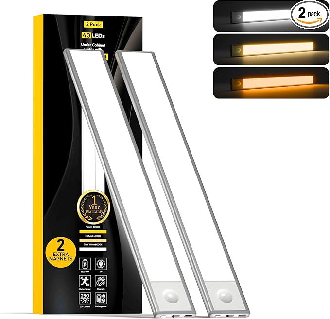 2 Pack Under Cabinet Lights 1500mAh, 40 LED Dimmable Closet Lights with 3 Adjustable Color Temperature, Rechargeable Battery Operated Motion Sensor, Under Cabinet Lighting for Kitchen,Closet (8 Inch)