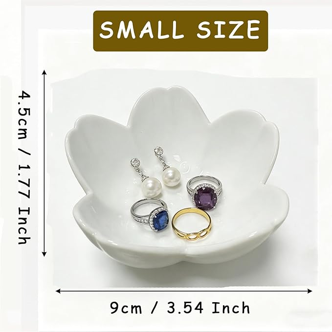 Ceramic Jewelry Dish, White Small Jewelry Bowl, Flower Ring Dsih Decorative Jewlery Tray, Cute Trinket Tray Jewelry Holder for Bathroom Nightstand, Friendship Birthday Gifts for Women Mom