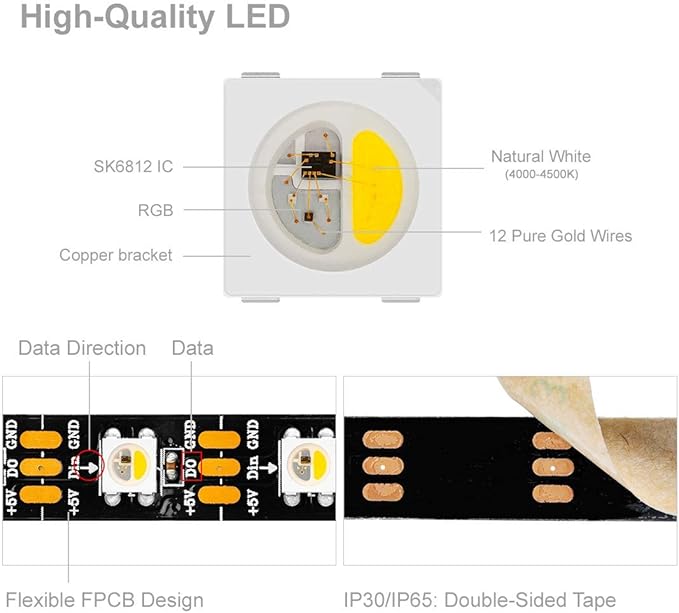 BTF-LIGHTING RGBW RGB+Natural White SK6812 (Similar WS2812B) 4 Colors in 1 LED Strip Individually Addressable 16.4ft 60Pixel/m 300LED Light Dream Color IP30 DC5V Black PCB (No Adapter or Controller)