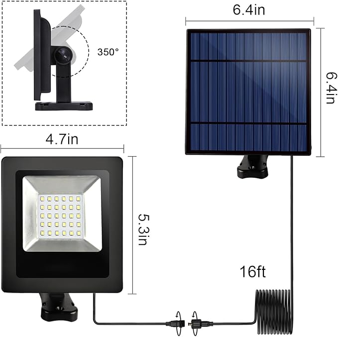 Solar Lights for Outside Dusk to Dawn with 16FT Cord Solar Flood Light 4400mAh Waterproof 6000K LED Lighting for Outside, Flag Pole, Shed, White 2 Pack