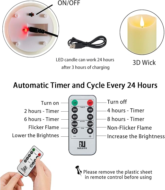 Flameless Candles with Rechargeable Battery, 3" x 5", Set of 2, Electronic Candles with Remote and Timer, led Pillar Candles Real Wax 3D Wick, led Ivory Candles for Home, Wedding, Birthday