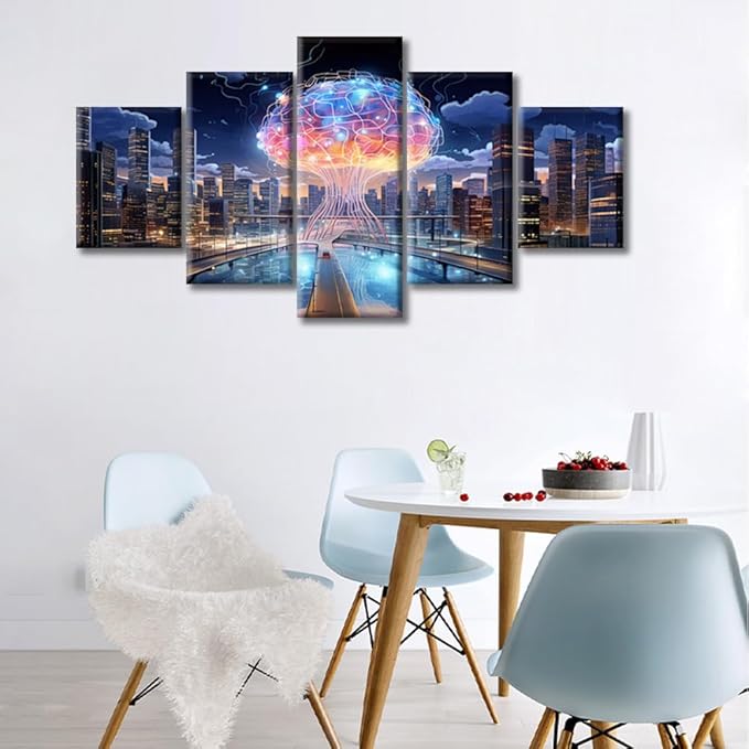 5 Panels Human Brain Energy Modern Wall Art Artificial Intelligence Concept Artwork Print On Canvas Bedroom Wall Art Human Brain Energy Pictures for Living Room Framed Ready to Hang, (60"Wx32"H)