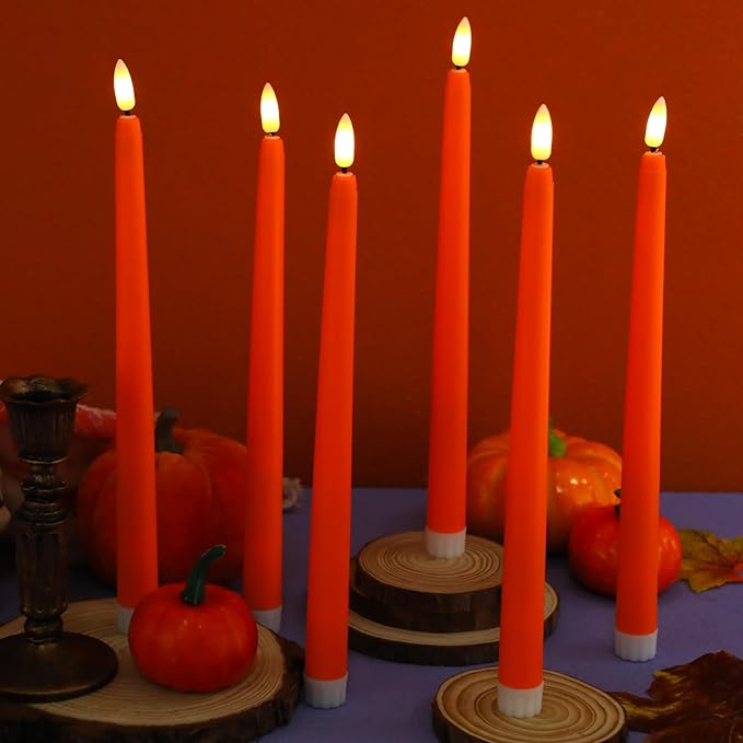 Macarrie 24 Packs Flameless Taper Candles Battery Operated Fake 11 Inch Long Candlelight LED Flameless Candlesticks Flickering Tapered for Spring Summer Wedding(Orange)