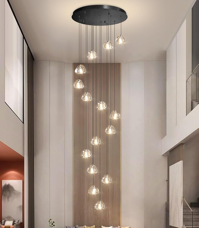 LED Glam Chandelier 118 inches Long Light Luxury Crystal Ceiling Chandeliers Remote Dimmable High Ceiling Pendants Lighting Fixtures Black 15 Lights