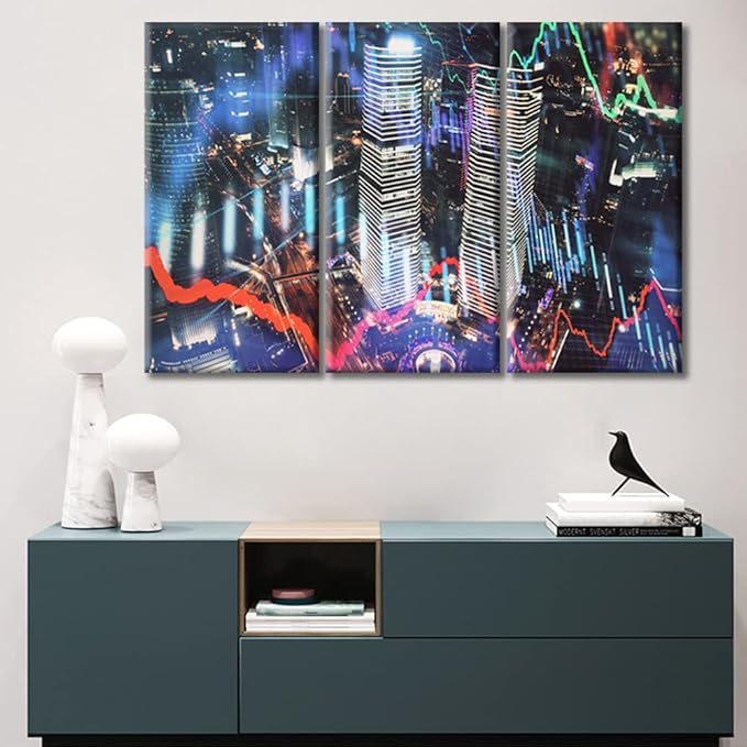 TUMOVO Trading Graph on The Cityscape at Night Background Pictures Wall Decor Living Room 3 Piece Business and Financial Concept Rustic Home Decor Framed Ready to Hang (36" Wx24 H)