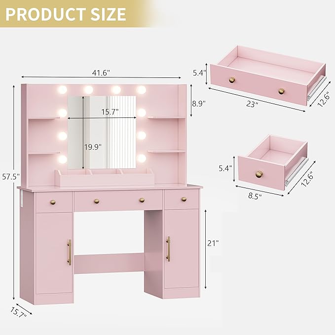 Vanity Desk with Mirror and Lights, 43'' Makeup Dressing Table Set with 5 Drawers & Power Outlet, 3 Lighting Modes Brightness Adjustable, Vanity with RGB Ambient Light for Women Girls Bedroom, Pink