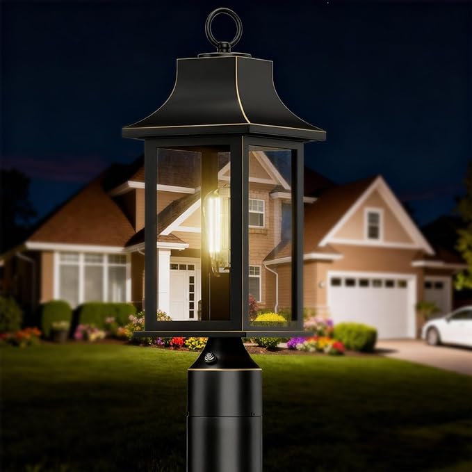 Dusk to Dawn Outdoor Post Light, 19.29″ Matte Black Lamp Post Light Fixture with Pier Mount Base, Hardwired Waterproof Aluminum Pole Light for Garden Yard Patio Driveway,2-Pack