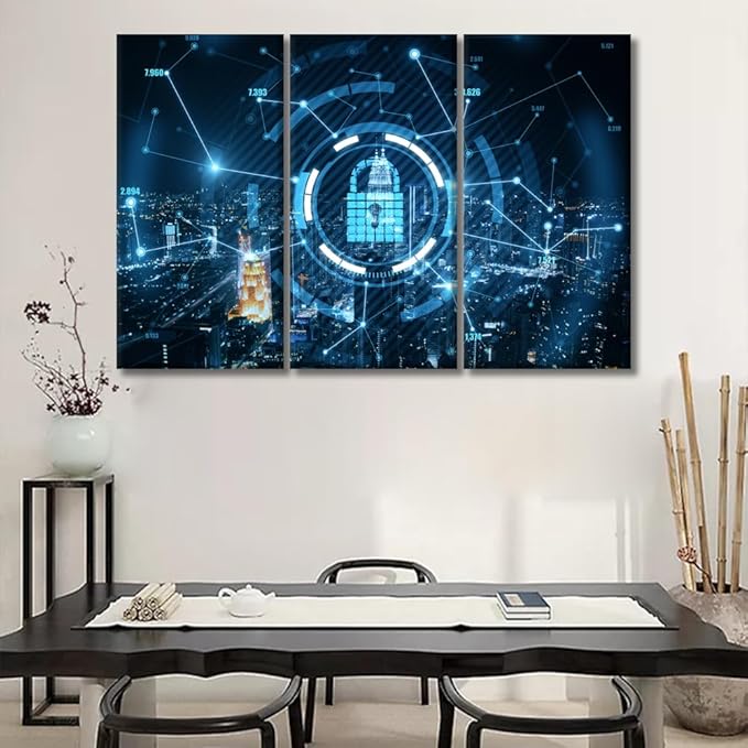 3 Panel Canvas Wall Art Blue Keylock Hologram with Dark Night City View Posters and Prints,Artwork for Home Office Wall Decoration, Framed Gallery-Wrapped Ready to Hang, 20x40inchx3