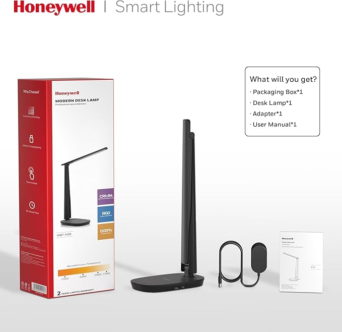 Honeywell HWT-H2 LED Desk Lamp, CRI94 Full Spectrum Eye-Caring Table Light, Foldable Dimmable 4 Color Modes with USB A+C Charging Ports for Home Office Bedroom Reading Study Work (Black)