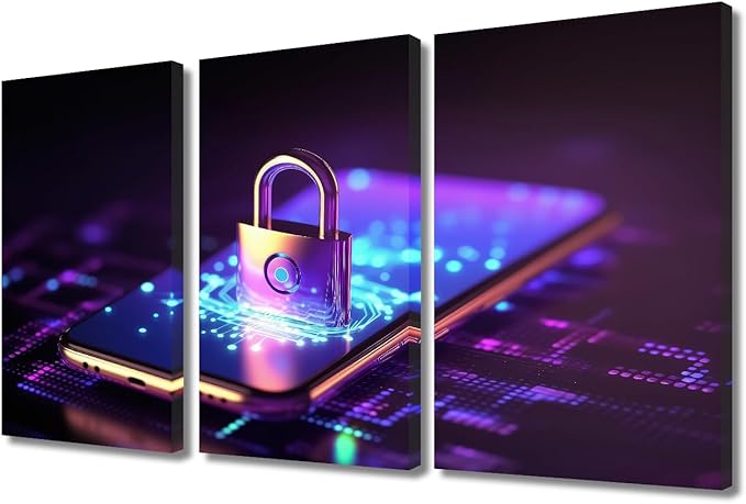 TUMOVO Wall Art for Living Room 3 Panel Cyber Security and Data Protection Concept Pictures Posters Contemporary Wall Decor for Home Office Hotel Wall Wooden Framed Ready to Hang, 36" Wx24 H