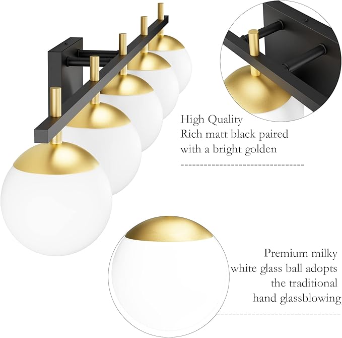 Ralbay Mid Century Modern Bathroom Vanity Light Fixture 5 Light Milky Glass Globe Modern Bathroom Light Fixture Over Mirror, Black/Golden 5 Light