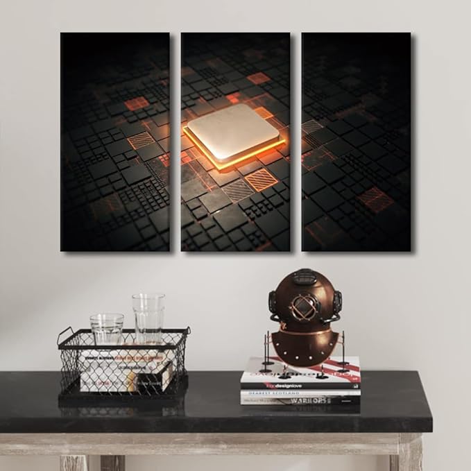 Canvas Wall Art Computer Processors CPU Wall Art for Living Room 3 Piece GPU Card with Circuit and Colorful Lights Modern Wall Decor Contemporary Art Print on Canvas Framed Ready to Hang (40"Wx60"H)