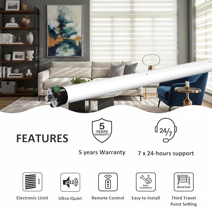 Tubular Motor Compatible with KNX System, Motorized Roller Shades, Electric Blind Motor Kit, Remote Control, Quiet, 5-Year Warranty, Zebra Blind Replacement Kit (Φ40mm (1.57") Octagonal Tube)