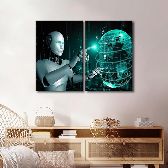 TUMOVO 3 Pieces Canvas Print Minimalism Canvas Art Robot Wall Art Canvas Paintings AI Intelligence Artwork Gallery Wrapped Canvas on Pine Giclee Frame Art Ready to Hang, 24" Wx16 H