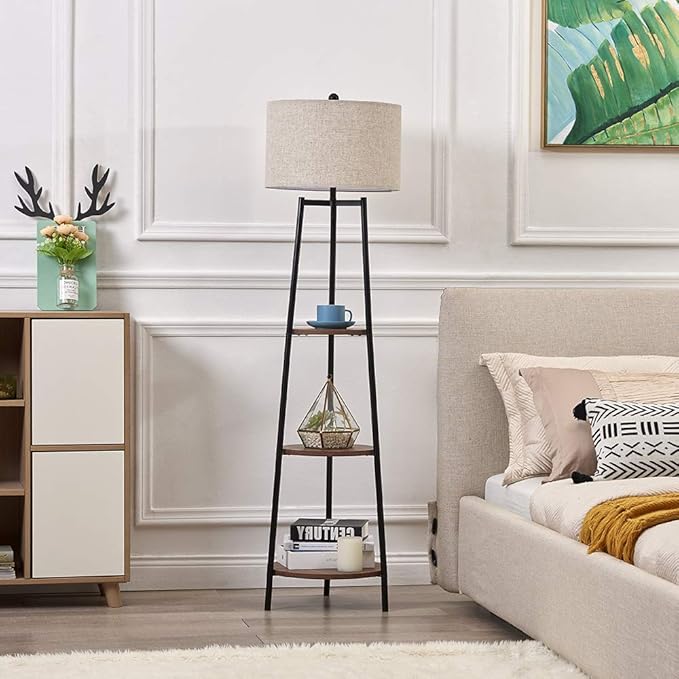 ROSEN GARDEN Floor Lamp, Standing Reading Light with Shelves and Fabric Shade, Modern Tall Pole Lamp, Accent Furniture Décor Lighting for Living Room, Bedrooms Black