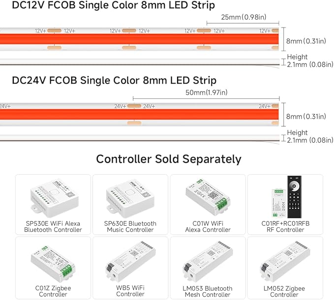 BTF-LIGHTING FCOB IP65 Waterproof Red Color COB LED Strip 16.4FT DC24V 480LED/m 8mm Width Flexible High Density CRI 90+ Dimmable LED Light for Home Indoor Decor(No Controller or Adapter)