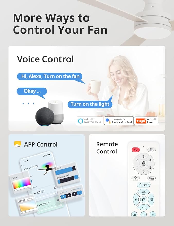 Orison Ceiling Fans with Lights – 42" Low Profile Flush Mount, Smart RGB Backlight & Dimmable LED, Alexa & Google Compatible, 6-Speed Reversible, App & Remote Control, Quiet & Energy Saving, White