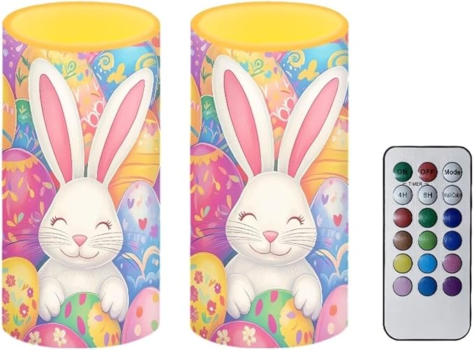 Easter Decorations Indoor Candles Rabbit Eggs Flameless Candles with Remote and Timer 2 Pack Battery Operated Easter Themed LED Candles for Festival Gift Home Room Decor