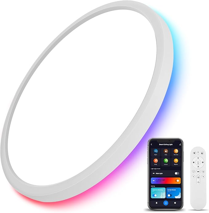 Smart RGB LED Ceiling Light with Remote, 12" WiFi Flush Mount Ceiling Light Works with Alexa & Google Home, 24W=2400LM Dimmable, DIY Colors & 2700K-6500K, for Bedroom Living Room, 1 Pack