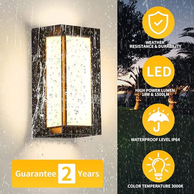 LANFU LED 18W Modern Rectangular Outdoor Wall Sconce 3000K Outside Light for House Patio, Black with Full Border Warm White, IP64 Waterproof Outdoor Wall Lights for House Patio Exterior Wall (1 Pack)