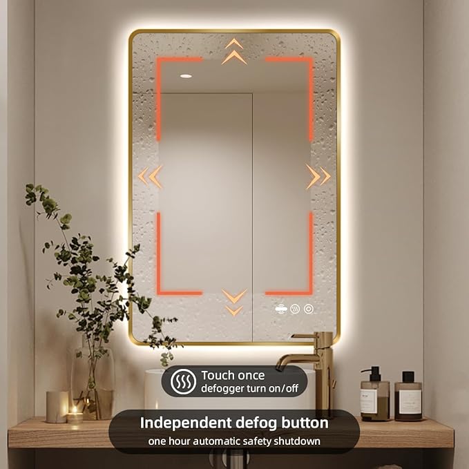40 x 32 Gold LED Bathroom Mirror, Metal Framed Rounded Corner Rectangle Backlit Mirror Bathroom, Anti-Fog, 3-Color Stepless Dimmable Lighted Mirror, Motion Sensor Lights, Memory Function