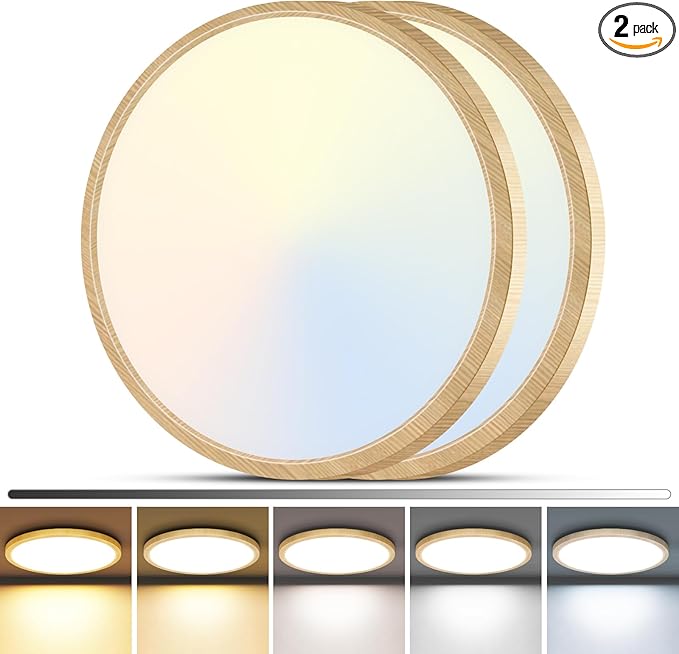 zemty 2Pack 12 inch Faux Wood LED Flush Mount Ceiling Lights, Dimmable 5 Color Temp (3000K-6500K), 24W 2400LM Bright Round Light Fixture for Livingroom Bedroom Diningroom Kitchen