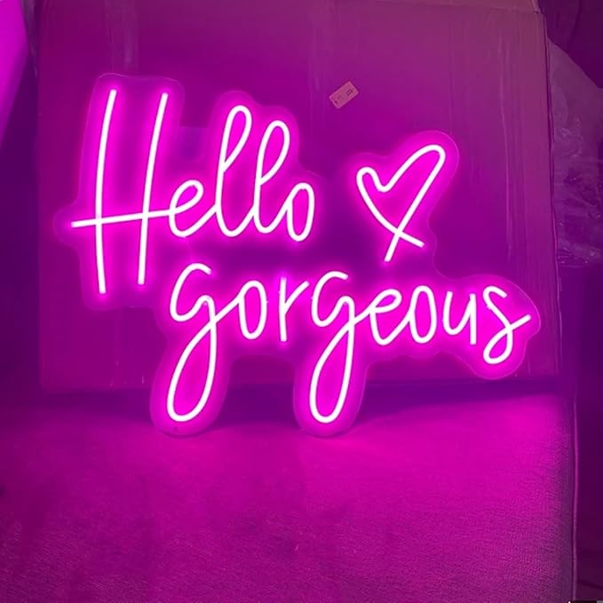 Neon Hello gorgeous Signs LED Decorative Pink Neon Lights for Girls Bedroom Dorm Decor,Home Party Wall Decor,Birthday Gifts,USB Powered,Equipped with Dimmable Switch(Pink Hello,17x10in)