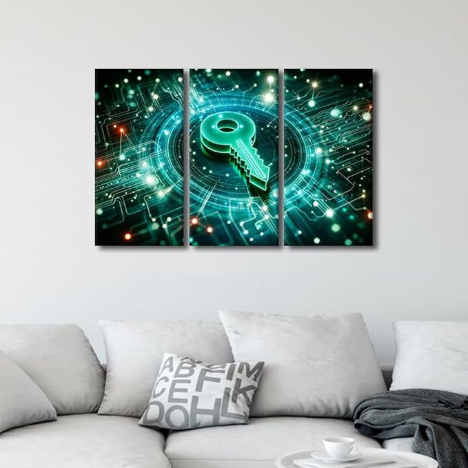 TUMOVO AI Wall Decor 3 Pieces Canvas Wall Art Key Icon on Digital Circuit Board Background Pictures for Home Hotel Wall Decoration, Artificial Intelligence Artwork Ready to Hang, 36" Wx24 H