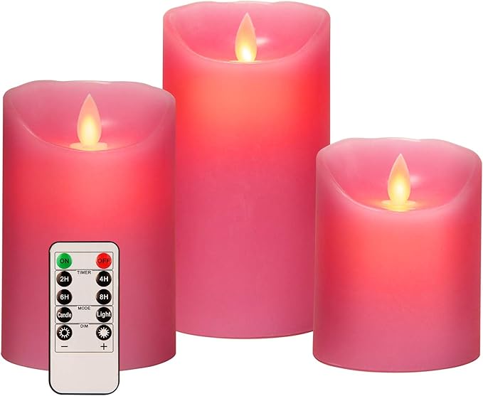 3" x 4" 5" 6" Set of 3 Flickering Flameless Candles Battery Operated Pillar Real Wax Electric LED Candle Set with Remote Control and Timer (Pink)